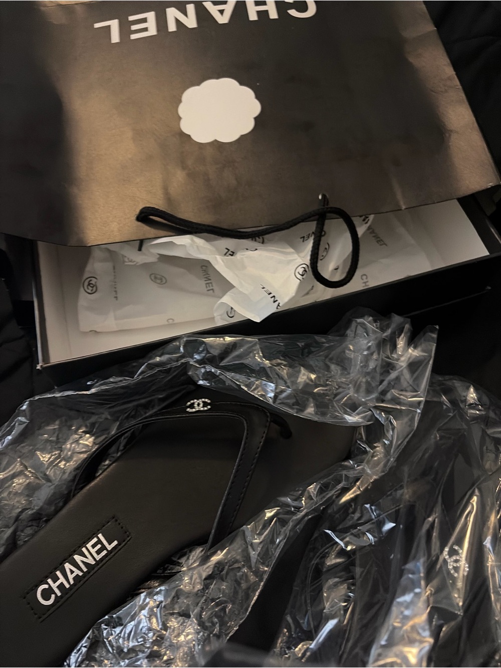 CHANEL Black Leather Logo Thong Sandals